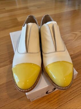 Bus Stop Cream Slip-On Loafers with Yellow Patent Cap Toe